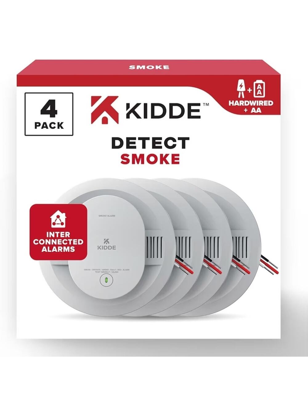 Kidde Hardwired Smoke Detector, AA Battery Backup, Interconnectable , 4 Pack